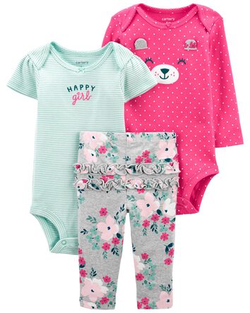 NWT Baby Girls/' 3-Piece Bodysuit Leggings /& Hat Set Size Newborn 3-6-9-12 Month